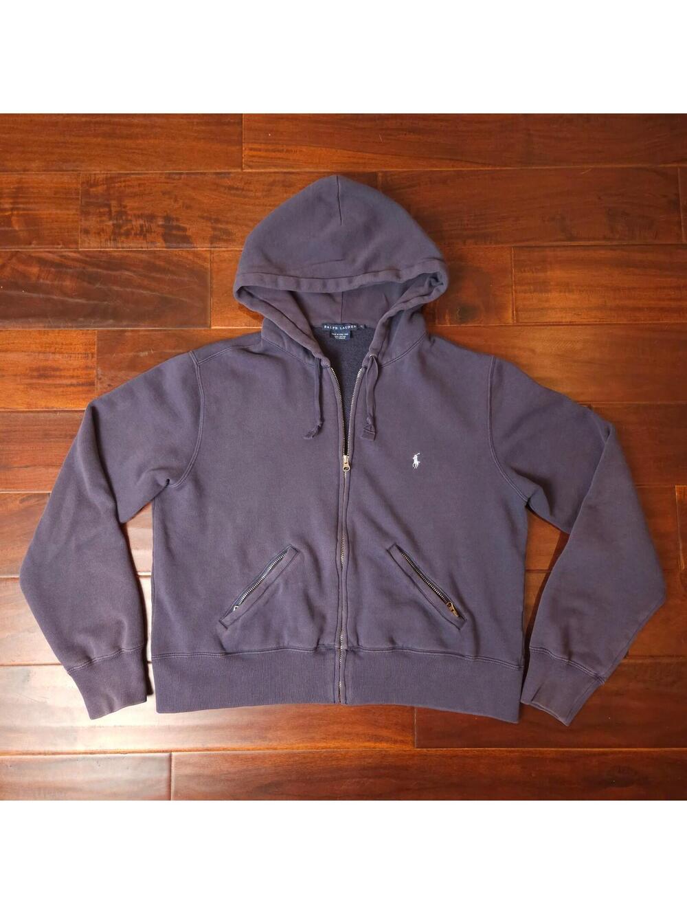 Vintage Y2K Ralph Lauren Sun Faded Navy Cropped Full Zip Boxy Hoodie Women's XL